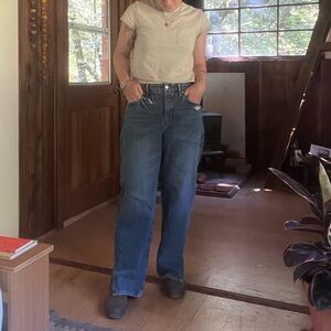 Good American Women’s Straight Blue Jeans Long With Slits At Bottom